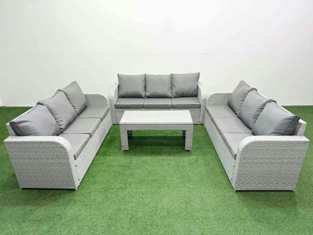 Rackhams PE Rattan Lounge Sofa Set 9 Seater Outdoor Garden Furniture Set with Oblong Coffee Table 3 Seater Sofa Light Grey - image 1