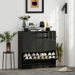 Rackhams Shoe Cabinet with 3 Drawers, High Gloss Front Panels, Glass Top Black - thumbnail 2