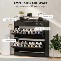 Rackhams Shoe Cabinet with 3 Drawers, High Gloss Front Panels, Glass Top Black - thumbnail 4