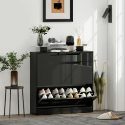 Rackhams Shoe Cabinet with 3 Drawers, High Gloss Front Panels, Glass Top Black - thumbnail 1
