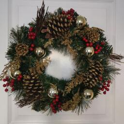 Rackhams 40cm Gold Dressed Christmas Wreath, Baubles, Pinecones and Berries - thumbnail 1