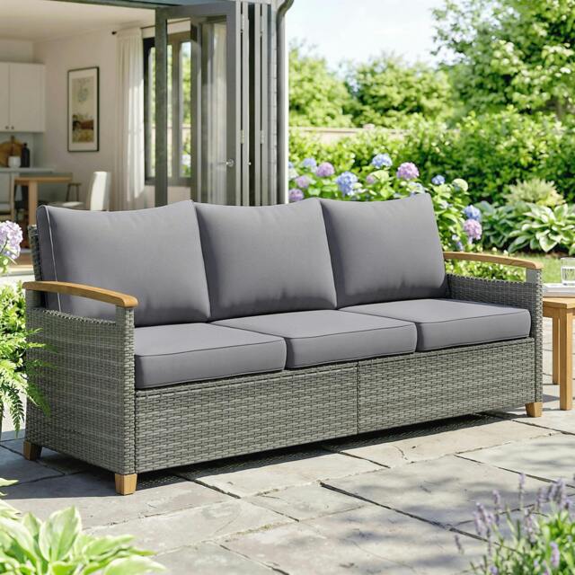 Rackhams 3 Seater Rattan Garden Sofa with Cushioned Wide Seats - Grey - Rattan garden sofa - 1