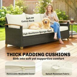 Rackhams 3 Seater Rattan Garden Sofa with Cushioned Wide Seats - Grey - Rattan garden sofa - 1 - thumbnail 5