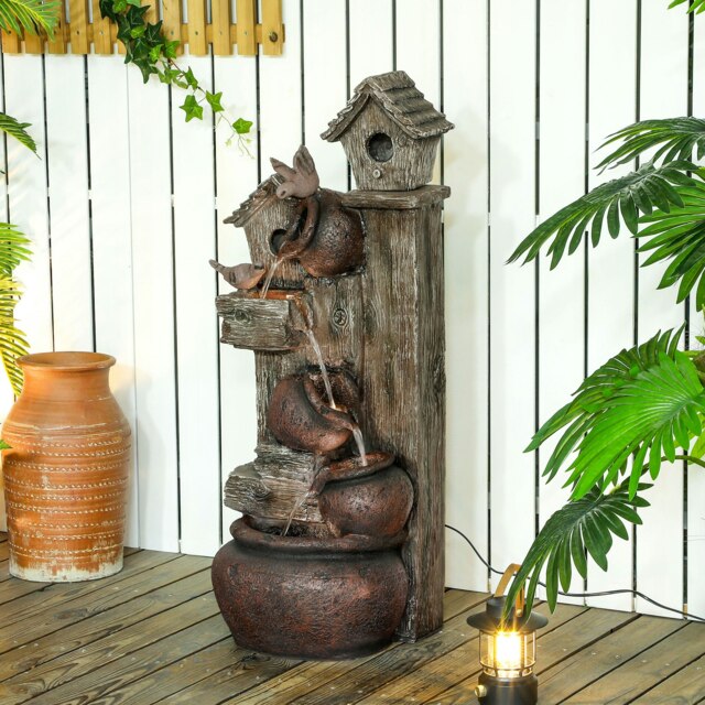 Rackhams 2-in-1 Waterfall Fountain with Birdhouse, Resin Outdoor Fountain - Multi-colour - Resin - 38L x 32W x 94.5H cm - image 1