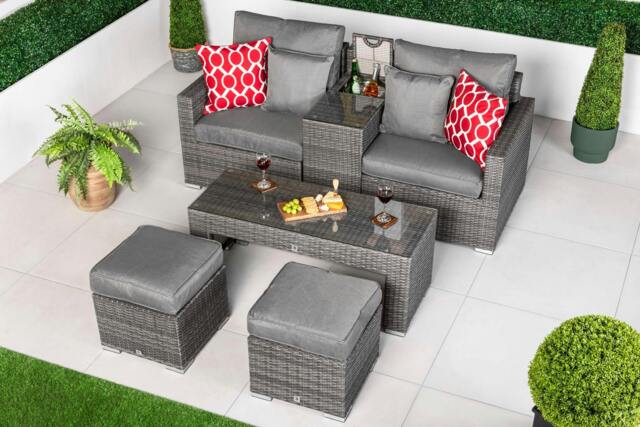 Rackhams Havana 2 Seat Modular Sofa Rattan Garden Balcony Furniture Set Outdoor Drinks Cooler Table, Coffee Table & Stools - Grey - 1 - image 1