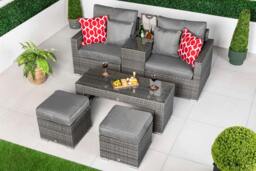 Rackhams Havana 2 Seat Modular Sofa Rattan Garden Balcony Furniture Set Outdoor Drinks Cooler Table, Coffee Table & Stools - Grey - 1 - thumbnail 1