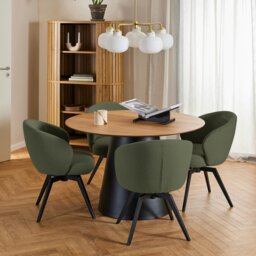 Rackhams Soli Round Dining Table in Oak/Black 120x75cm Included 4 Darlene Dining Chair with Armrest and Swivel Function in Green - Black - No - Brown