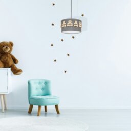 Rackhams Mis Grey Pendant Lamp 1XE27 Beautifully Hand Made From Contemporary Grey Fabric With Natural Wooden Teddybears