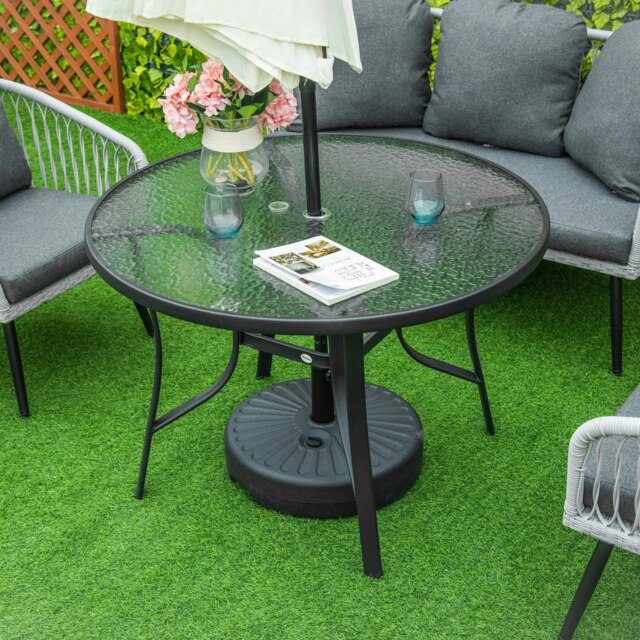 Rackhams 106cm Round Garden Dining Table with Parasol Hole Tempered Glass Top - Black - Tempered Glass, Steel - 106.5cm x 106.5cm x 71cm - image 1