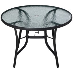 Rackhams 106cm Round Garden Dining Table with Parasol Hole Tempered Glass Top - Black - Tempered Glass, Steel - 106.5cm x 106.5cm x 71cm - thumbnail 2