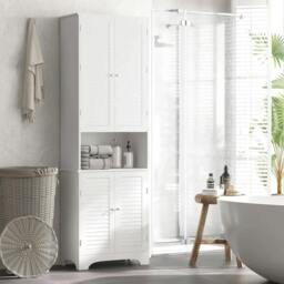 Rackhams Tall Freestanding Bathroom Cabinet Retro Shutters w/ 3 Compartments Shelves Elevated Base Narrow Organiser White 60L x 30W x 182.5H cm - thumbnail 2