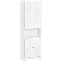 Rackhams Tall Freestanding Bathroom Cabinet Retro Shutters w/ 3 Compartments Shelves Elevated Base Narrow Organiser White 60L x 30W x 182.5H cm - thumbnail 1