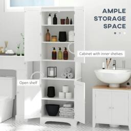 Rackhams Tall Freestanding Bathroom Cabinet Retro Shutters w/ 3 Compartments Shelves Elevated Base Narrow Organiser White 60L x 30W x 182.5H cm - thumbnail 4
