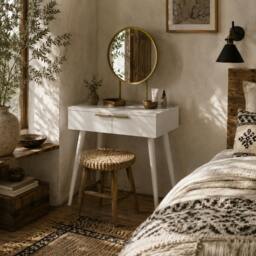 Rackhams Sovaha White Elegant Dressing Table With Round Mirror 60 x 40 x 123cm