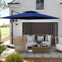 Rackhams Garden Cantilever Parasol w/ Weighted Base Tilt Crank Dark Blue - Blue - 247cm x 247cm x 268cm
