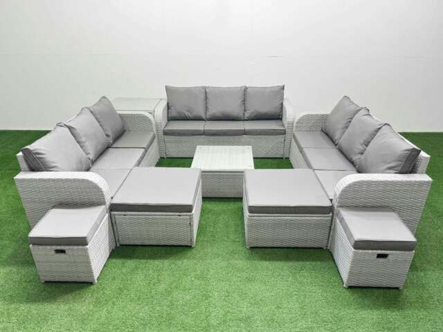 Rackhams 13 Seater Outdoor Garden Furniture Set PE Rattan Lounge Sofa Set with Coffee Table 3 Seater Sofa 4 Footstools Side Table Light Grey - image 1