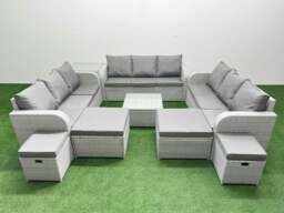 Rackhams 13 Seater Outdoor Garden Furniture Set PE Rattan Lounge Sofa Set with Coffee Table 3 Seater Sofa 4 Footstools Side Table Light Grey - thumbnail 1