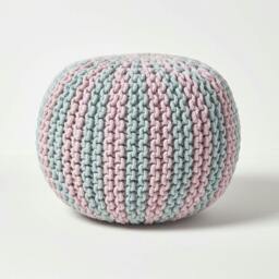 Rackhams Pink and Blue Knitted Pouffe Striped Footstool - 35 x 40 cm