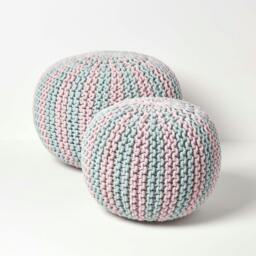 Rackhams Pink and Blue Knitted Pouffe Striped Footstool - 35 x 40 cm - thumbnail 5