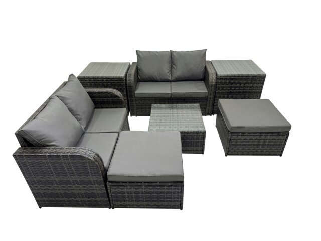 Rackhams Rattan Garden Outdoor Furniture Set Love Sofa Square Coffee Table Set with 2 Side Table 2 Big Stools Dark Grey Mixed - image 1