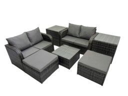 Rackhams Rattan Garden Outdoor Furniture Set Love Sofa Square Coffee Table Set with 2 Side Table 2 Big Stools Dark Grey Mixed - thumbnail 2