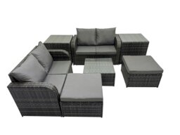 Rackhams Rattan Garden Outdoor Furniture Set Love Sofa Square Coffee Table Set with 2 Side Table 2 Big Stools Dark Grey Mixed - thumbnail 1