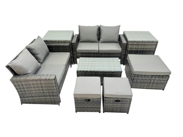 Rackhams PE Rattan Garden Furniture Set Lounge Double Seat Sofa Coffee Table Set with 2 Side Tables 3 Stools Dark Grey MixedMixed - image 1