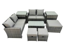 Rackhams PE Rattan Garden Furniture Set Lounge Double Seat Sofa Coffee Table Set with 2 Side Tables 3 Stools Dark Grey MixedMixed - thumbnail 1