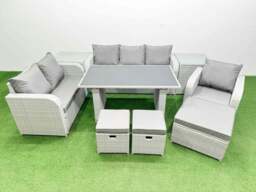 Rackhams Rattan Outdoor Table Reclining Chair Sofa Set with 2 Side Tables 3 Stools Light Grey 9 Seater