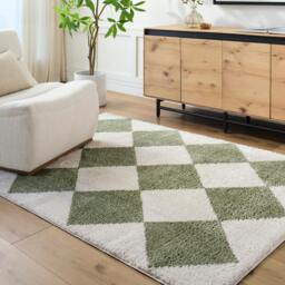 Rackhams Fossay Shag-Washable Beige Green High Pile Diamond Rug - 140 x 200 cm - thumbnail 1