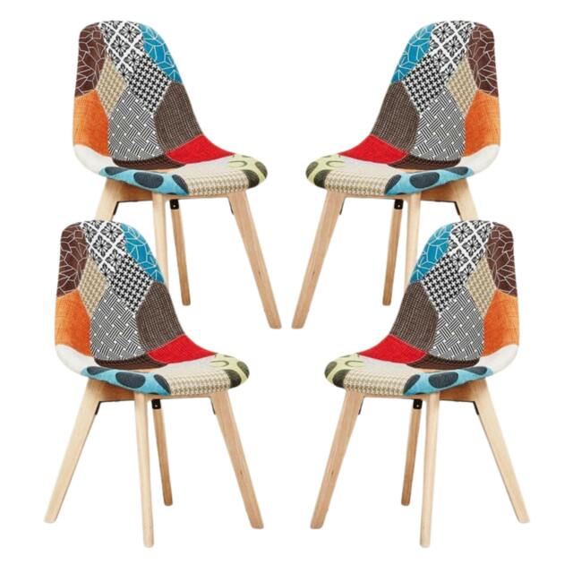 Rackhams Set of 4 Patchwork Multi Colors Fabric Dining Chairs with Wooden Legs, Mid-Century Modern Accent Chair - Fabric - Multicolor - Modern - image 1