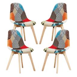 Rackhams Set of 4 Patchwork Multi Colors Fabric Dining Chairs with Wooden Legs, Mid-Century Modern Accent Chair - Fabric - Multicolor - Modern - thumbnail 1