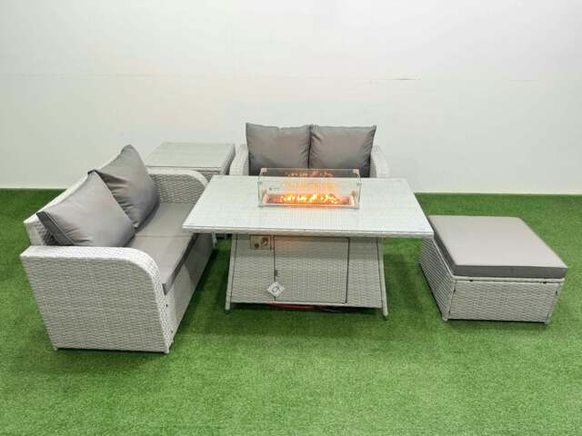 Rackhams 5 Seater Outdoor Love Sofa Set Rattan Garden Furniture Set with Fire Pit Dining Table Big Footstool Side Table Light Grey - image 1