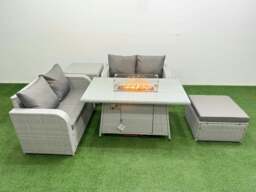 Rackhams 5 Seater Outdoor Love Sofa Set Rattan Garden Furniture Set with Fire Pit Dining Table Big Footstool Side Table Light Grey - thumbnail 1