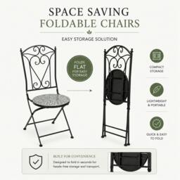 Rackhams Leaf Mosaic Bistro Set 3 Piece Folding Garden Furniture Set with Round Table and Two Chairs for Balcony Dining - 3 Piece - thumbnail 3