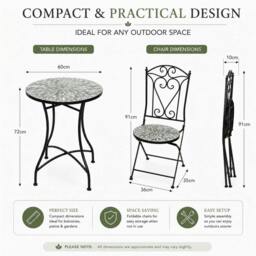Rackhams Leaf Mosaic Bistro Set 3 Piece Folding Garden Furniture Set with Round Table and Two Chairs for Balcony Dining - 3 Piece - thumbnail 5