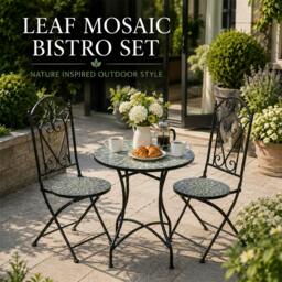 Rackhams Leaf Mosaic Bistro Set 3 Piece Folding Garden Furniture Set with Round Table and Two Chairs for Balcony Dining - 3 Piece - thumbnail 6
