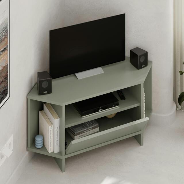 Rackhams Modern Viva Corner TV Unit Shelf up to 36 Inch TVs Push to Open Storage Cabinet, 3 Open Shelf Media Centre 95.7(W)cm - Ash Green - image 1