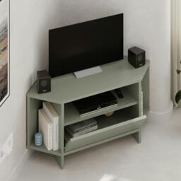 Rackhams Modern Viva Corner TV Unit Shelf up to 36 Inch TVs Push to Open Storage Cabinet, 3 Open Shelf Media Centre 95.7(W)cm - Ash Green - thumbnail 1