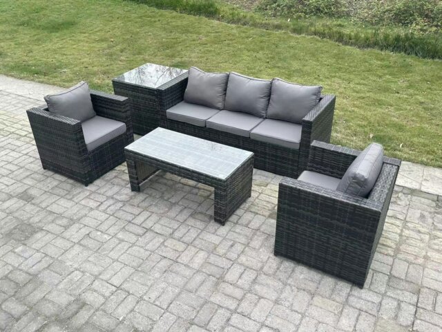 Rackhams Lounge Rattan Sofa Set Outdoor Garden Furniture Oblong Rectangular Coffee Table With 2 Chairs Side Table - image 1
