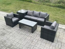 Rackhams Lounge Rattan Sofa Set Outdoor Garden Furniture Oblong Rectangular Coffee Table With 2 Chairs Side Table - thumbnail 1