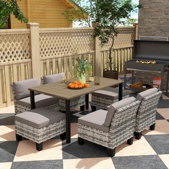 Rackhams 7 PCS Rattan Garden Dining Set with Cushions, Umbrella Hole, Grey - image 1
