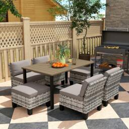 Rackhams 7 PCS Rattan Garden Dining Set with Cushions, Umbrella Hole, Grey - thumbnail 1