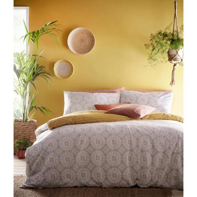Rackhams Mandala Duvet Cover and Pillowcase Set - Grey/Ochre - Super King - Grey/Ochre - 50% Cotton/50% Polyester - image 1