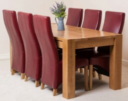Rackhams Kuba Large Oak Dining Table with 6 Lola Burgundy Leather Chairs - 1 - 6 chairs - Burgundy