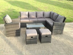 Rackhams 9 Seater High Back Rattan Garden Furniture Set Corner Sofa With Oblong Coffee Table Stools With Chair - thumbnail 1