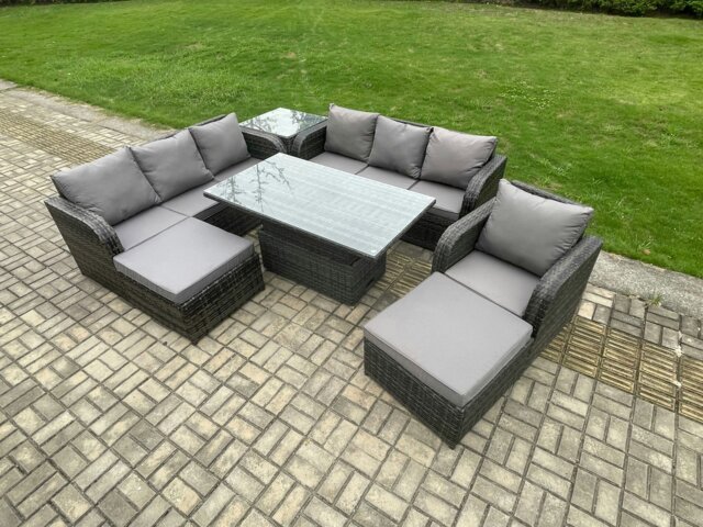 Rackhams PE Rattan Outdoor Garden Furniture Sets Height Adjustable Rising lifting Dining Table Sofa Set with Side Tables Reclining Chair 2 Big Footstool - image 1