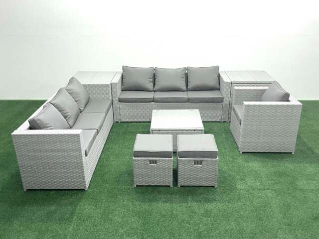 Rackhams Wicker PE Rattan Sofa Garden Furniture Set with Armchair Square Coffee Table 2 Small Footstools 2 Side Tables Light Grey Mixed - image 1