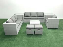 Rackhams Wicker PE Rattan Sofa Garden Furniture Set with Armchair Square Coffee Table 2 Small Footstools 2 Side Tables Light Grey Mixed - thumbnail 2