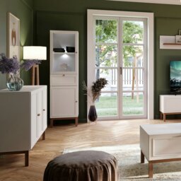 Rackhams Wensley Display Cabinet with 1 Door 1 Drawer and  1 Glass Door in Light Grey and Oak inc LED Lighting - Full Assembly Required - Light Grey  & Oak - Matt - thumbnail 5
